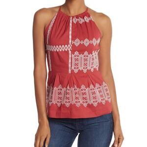 Joie Konomi Geometric Embroidered Halter Peplum Top Red White Women 6 Boho Chic